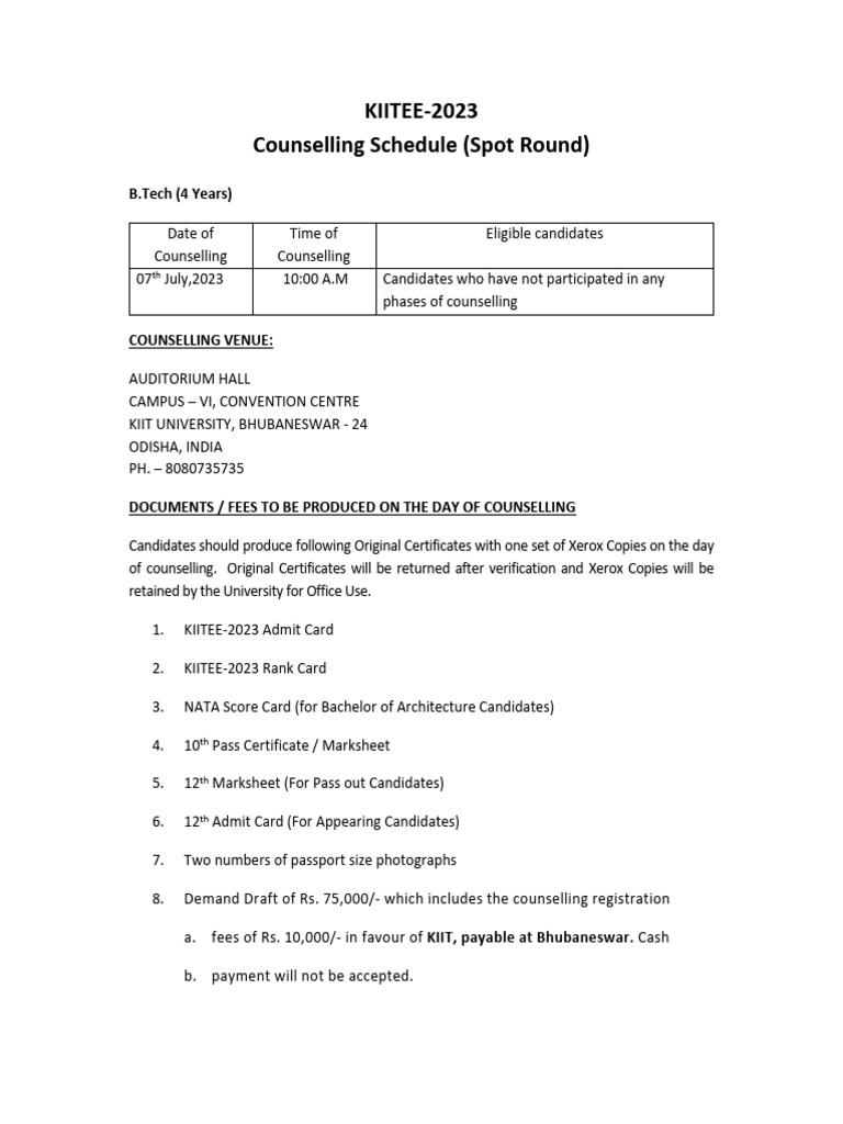 KIITEE 2023 B.Tech Spot Round Counselling | PDF