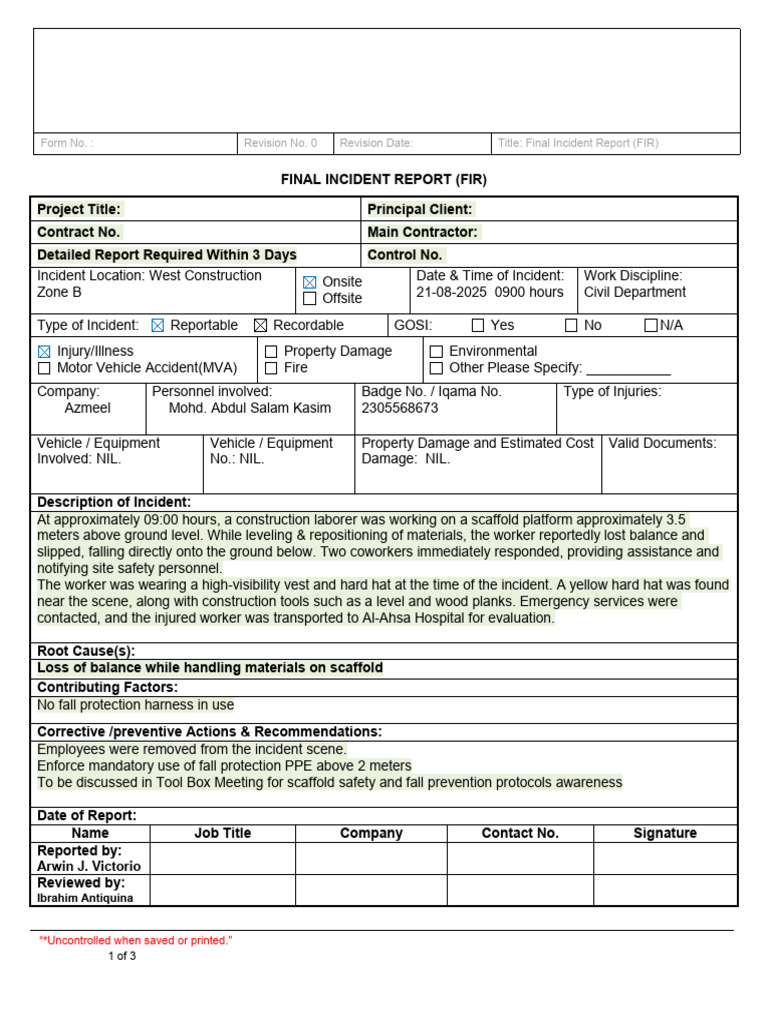 Final Incident Report: Scaffold Fall | PDF | Safety | Occupational ...