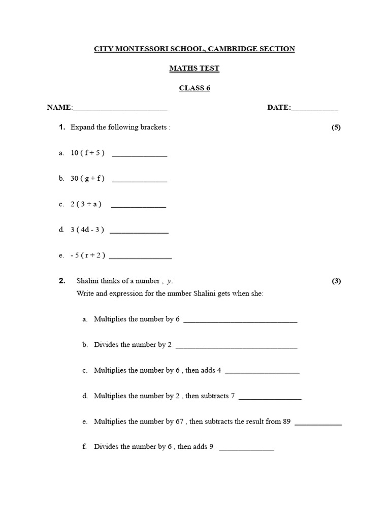 Class 6 Maths Test Instructions | PDF