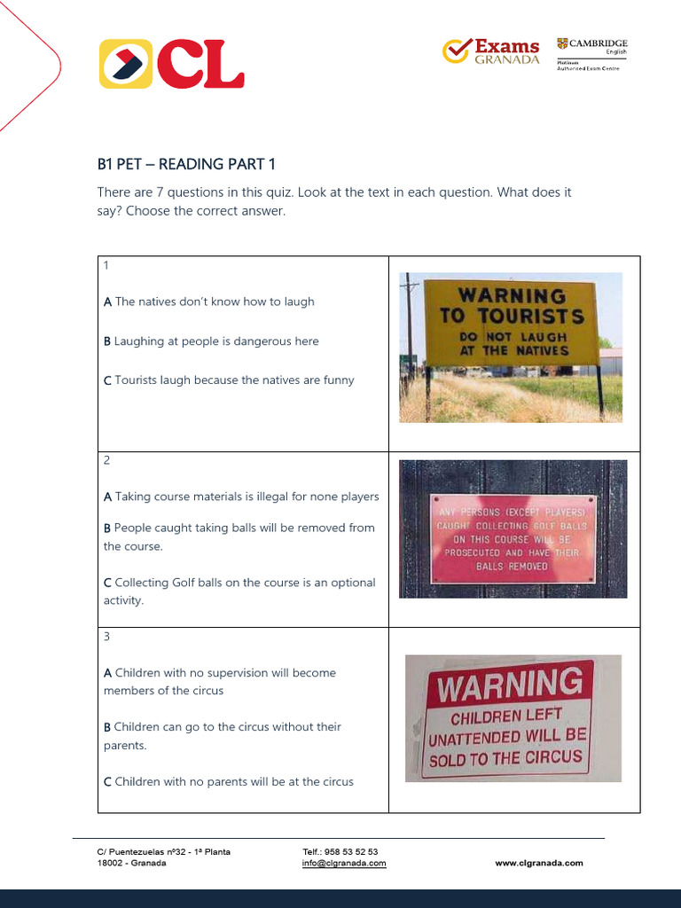 b1 Pet Reading Part 1 - Signs 2 | PDF