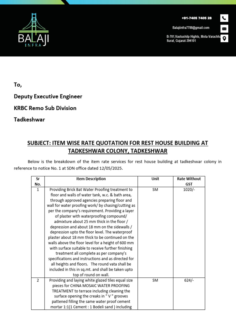 Rate Quotation for Rest House Building | PDF | Pipe (Fluid Conveyance ...