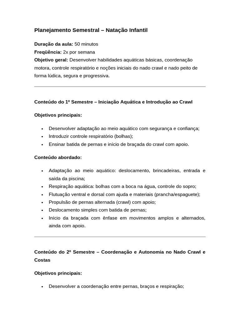 Planejamento Natação Infantil Semestral | PDF