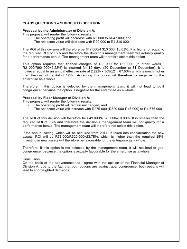 Division A Performance Analysis and Proposals | PDF | Return On ...