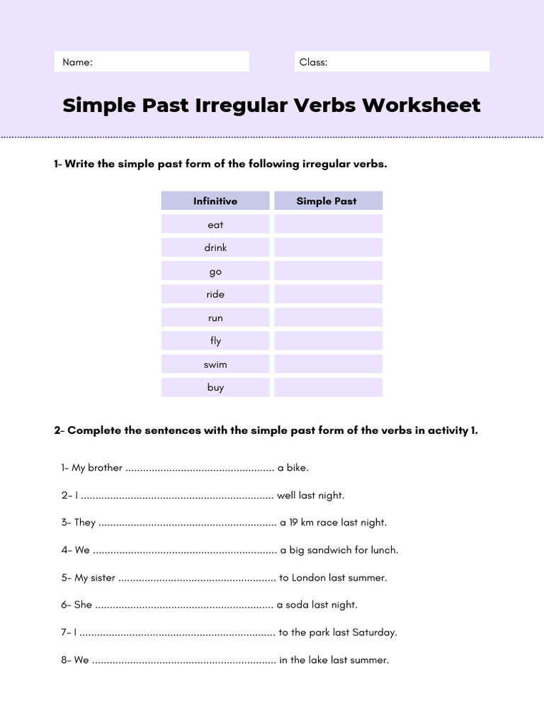 Simple Past Irregular Verbs Worksheet | PDF