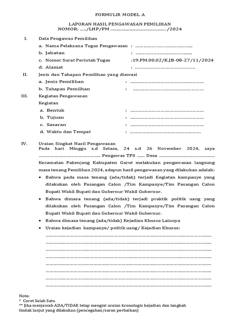 Form A Laporan Pengawasan Pemilihan | PDF