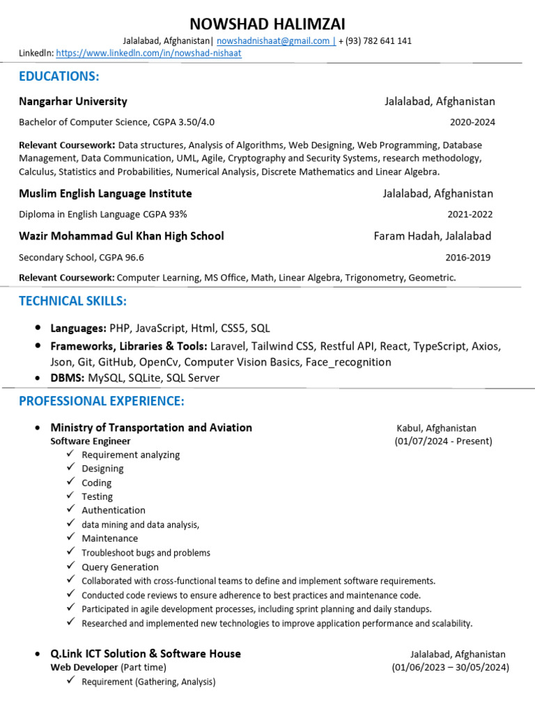 Software Engineer Resume - Nowshad Halimzai | PDF | Web Development ...