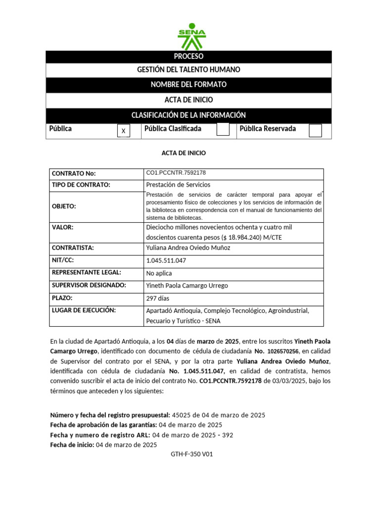 GTH-F-350 Formato Acta de Inicio V01 Yuliana Andrea Oviedo Muñoz | PDF ...