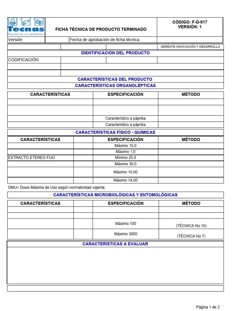 Ficha Técnica de Paprika en Polvo 1kg | PDF