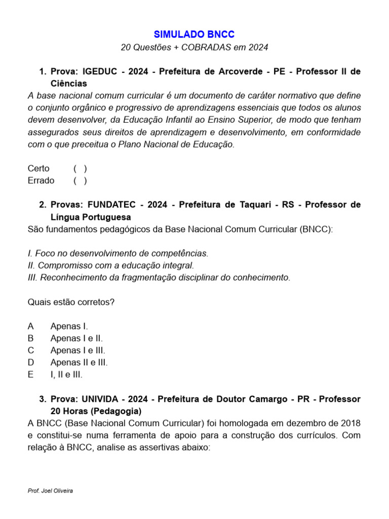 Simulado BNCC 2024: Questões e Provas | PDF | Pedagogia | Educação Infantil