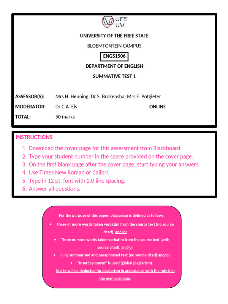 UFS ENGS1506 Summative Test Instructions | PDF | Note (Typography ...