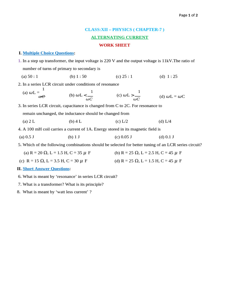 CBSE Class XII Physics: AC Worksheet | PDF | Transformer | Alternating ...