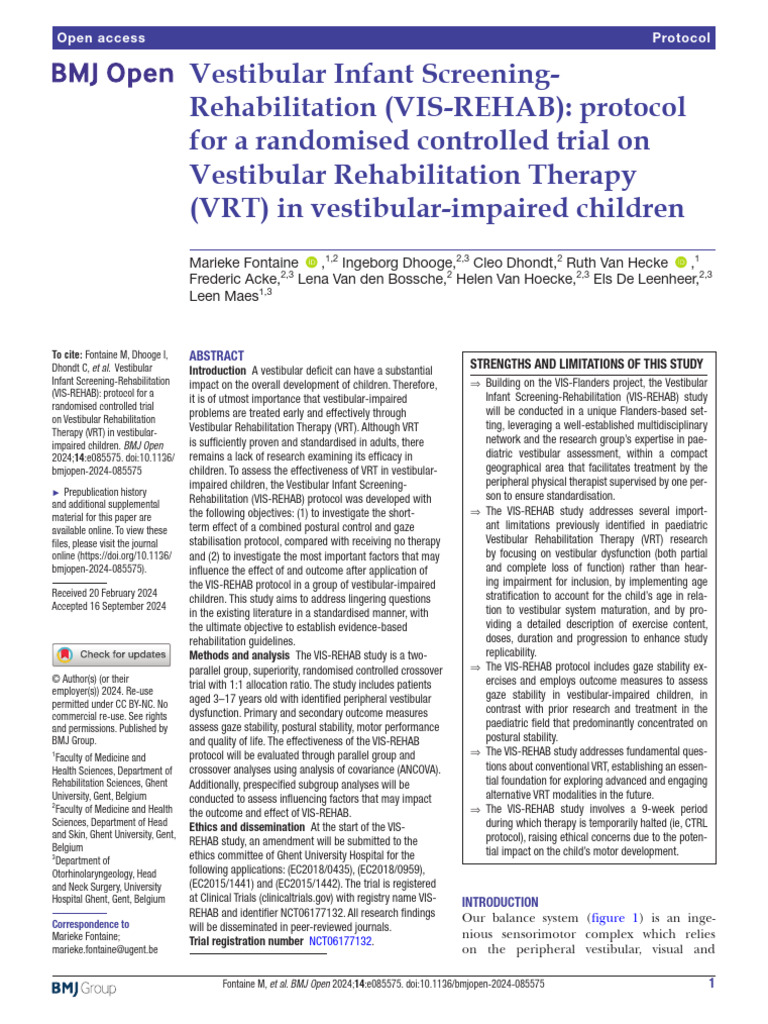 VIS-REHAB: Protocol for VRT in Children | PDF | Balance (Ability ...