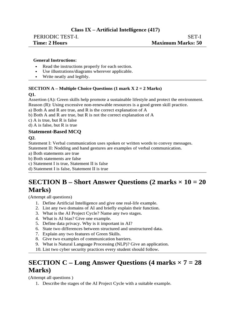 Class Ix A.I Periodic Test Set1 | PDF | Artificial Intelligence ...