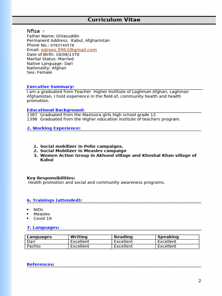 Afghan Health Promotion CV | PDF