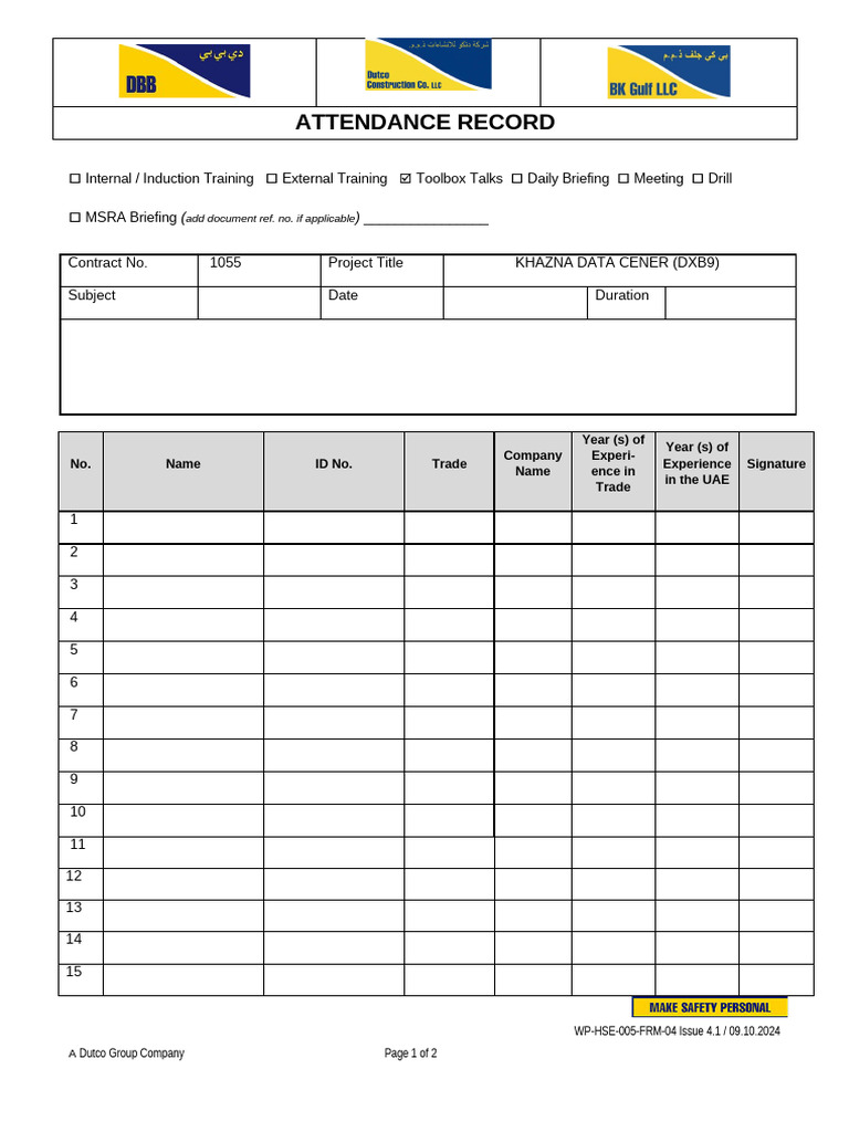 WP-HSE-005-FRM-04 - Attendance Record - General - Form | PDF