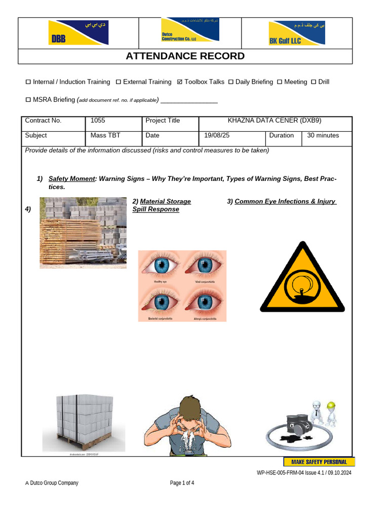 WP-HSE-005-FRM-04 - Attendance Record - Material - Storage - 190825 | PDF
