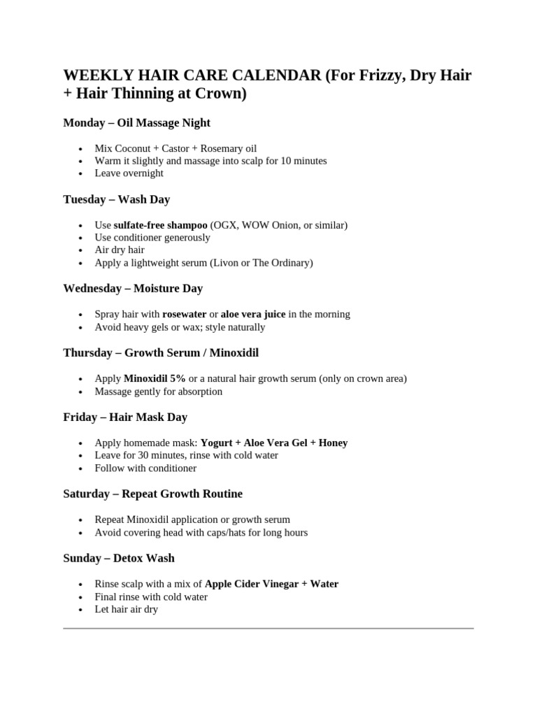 Weekly Hair Care Routine for Thinning Hair | PDF | Hair Loss | Hair Care