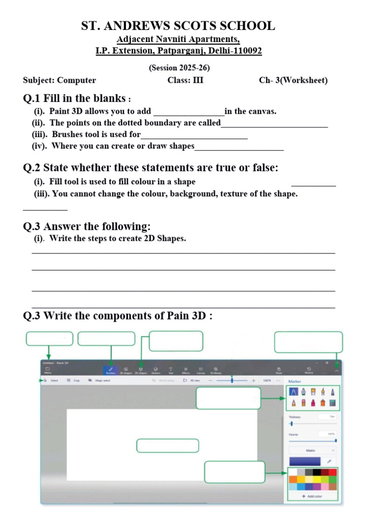 Computer Worksheet for Class III: Paint 3D | PDF