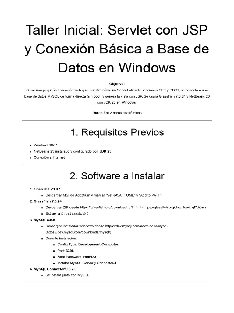 Taller Servlet JSP y MySQL en Windows | PDF | Mi sql | Plataforma Java