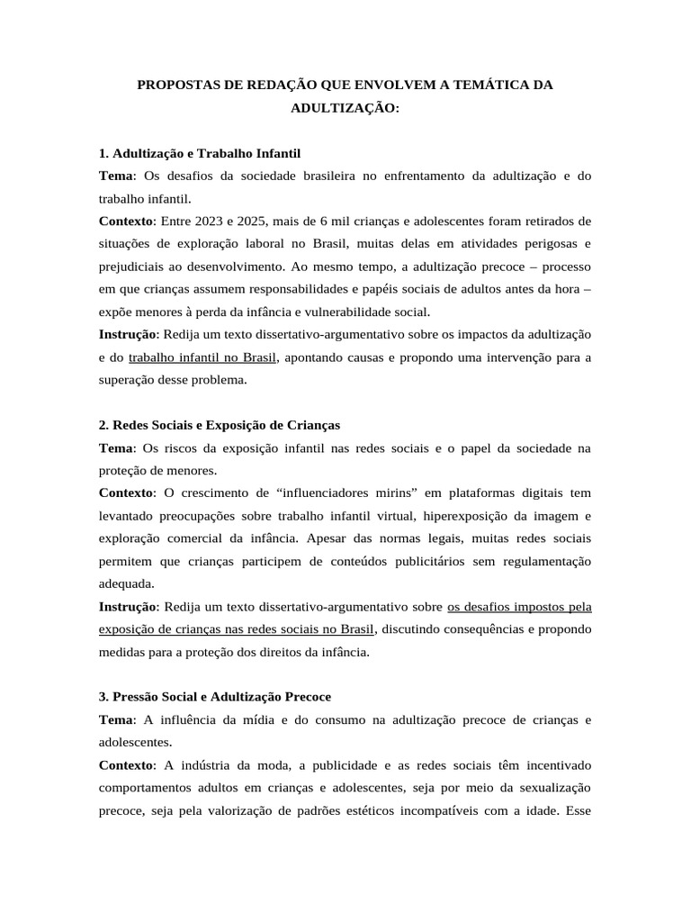 Propostas de Redação sobre Adultização Infantil | PDF | Adolescência ...