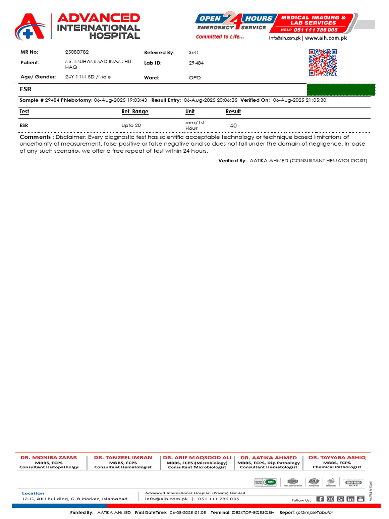 ESR Test Results for Mr. Muhammad Inam | PDF