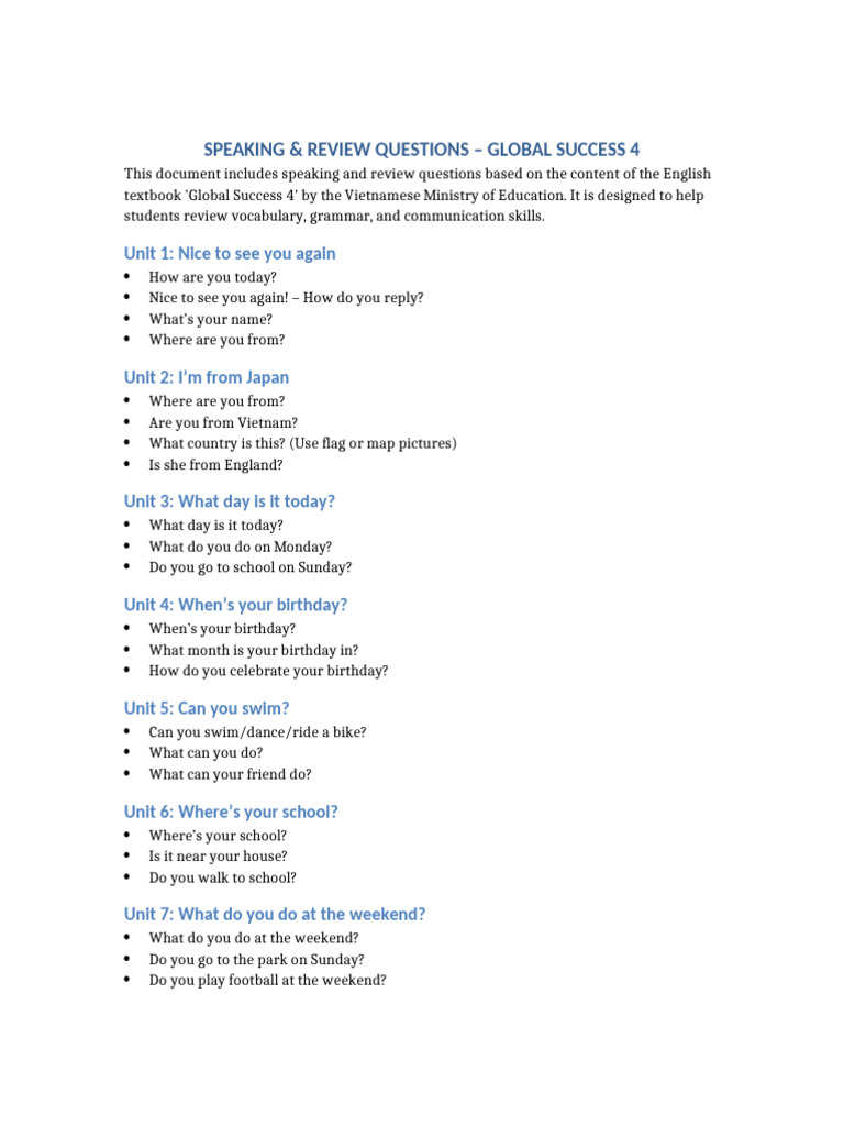 Speaking Questions for Global Success 4 | PDF