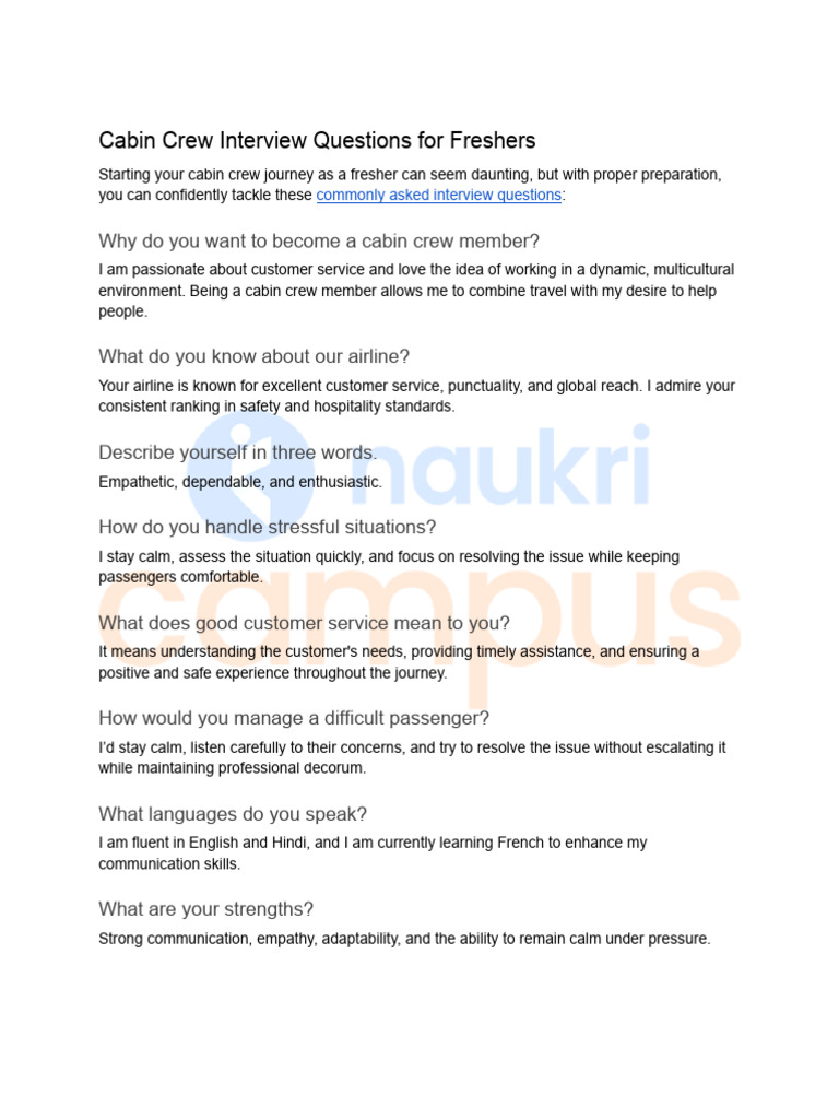 Cabin Crew Interview Prep for Freshers | PDF | Flight Attendant ...