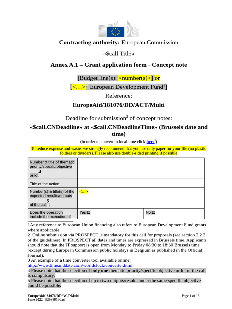 EU Grant Application Concept Note Form | PDF | Evaluation | Information