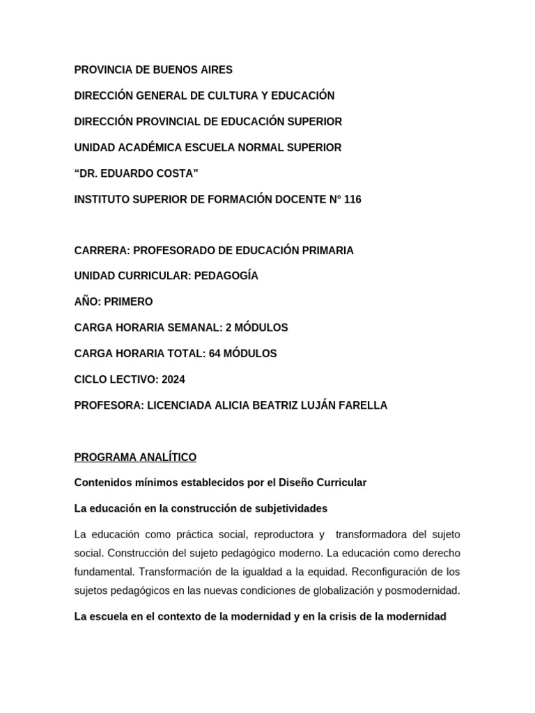 Programa de Pedagogía 2024 en Buenos Aires | PDF | Pedagogía | Maestros