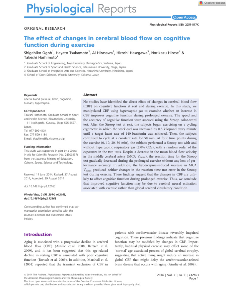 Cerebral Blood Flow and Cognitive Function During Exercise | PDF ...