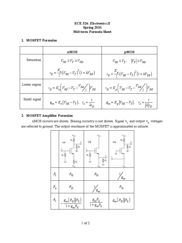 MOSFET and Amplifier Formula Sheet | PDF | Teaching Methods & Materials ...
