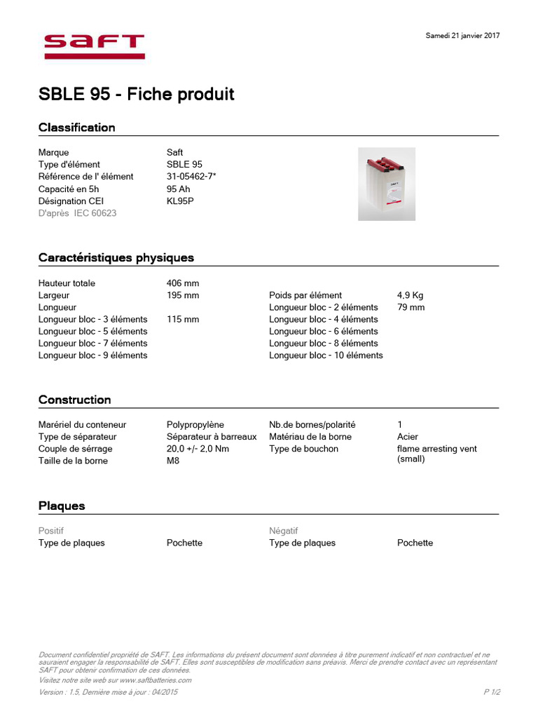 Fiche produit batterie SBLE 95 Saft | PDF