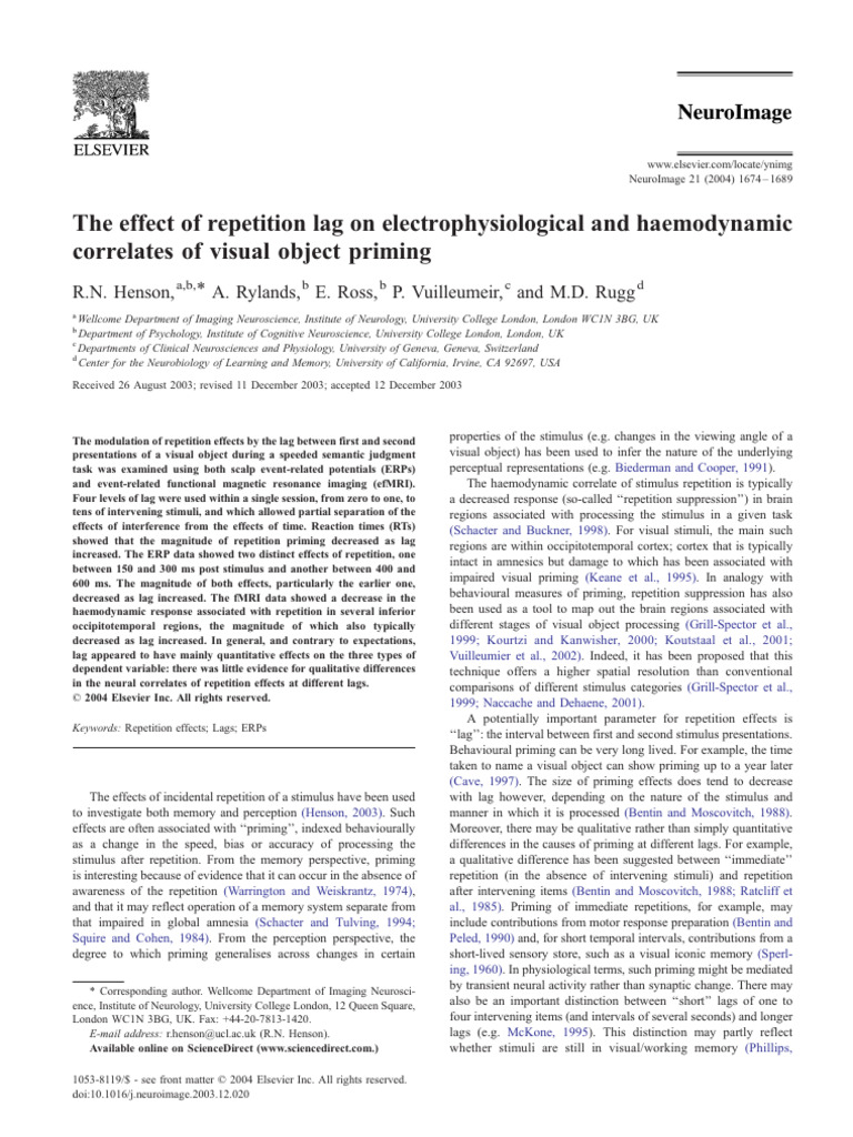 Repetition Lag Effects on Visual Priming | PDF | Event Related ...