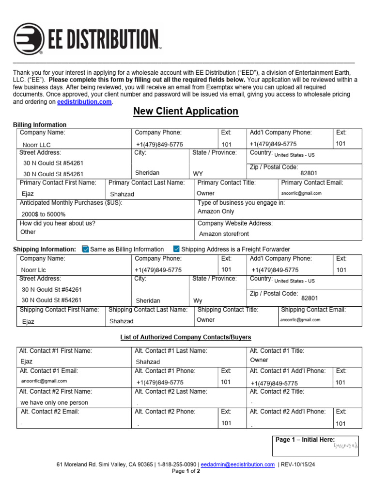 EE Distribution New Client Agreement | PDF