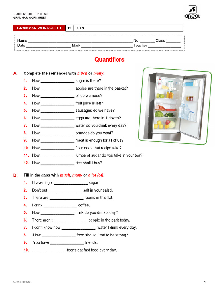 Quantifiers Grammar Worksheet for Teens | PDF