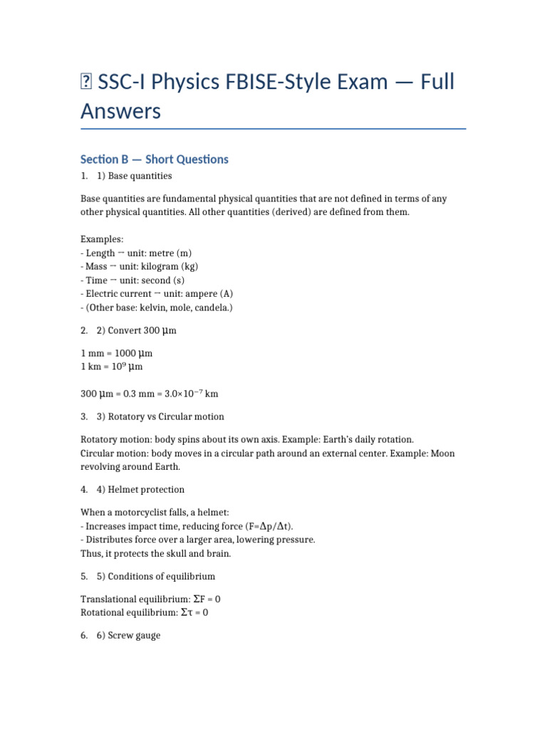 SSC-I Physics Exam Short Questions Guide | PDF | Force | Newton's Laws ...