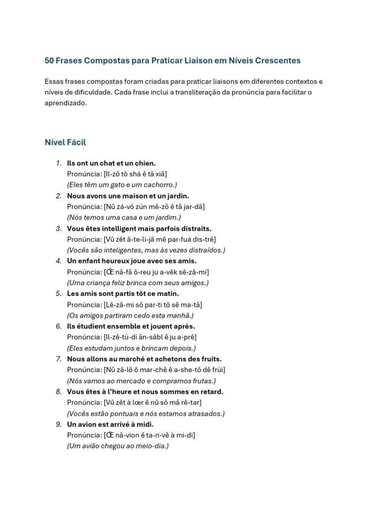 Frases Compostas para Praticar Liaison | PDF