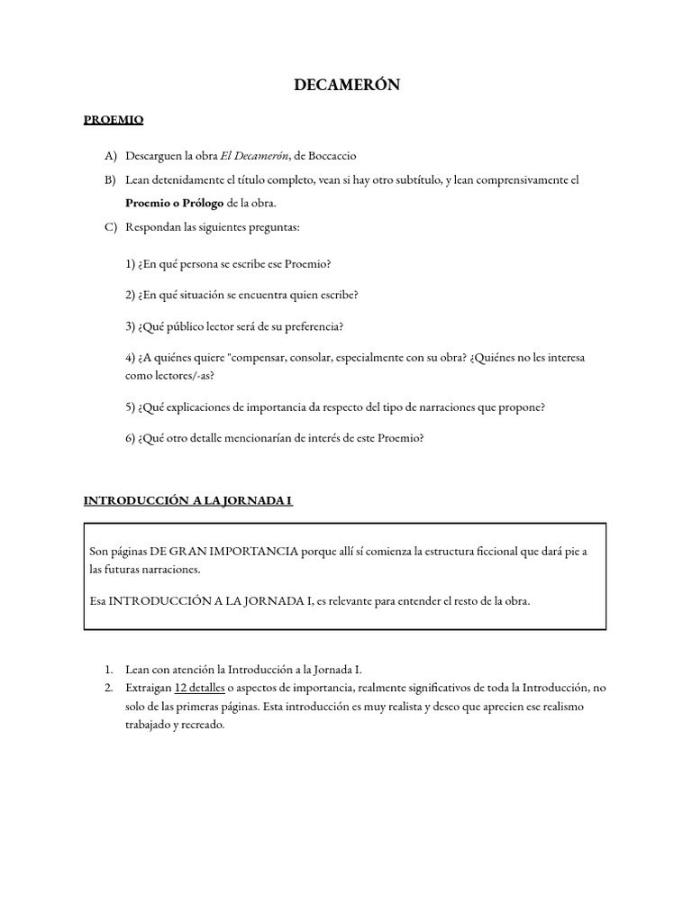 Análisis del Proemio y Jornada I del Decamerón | PDF