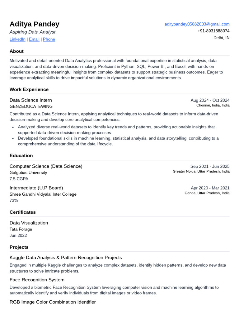 Data Analyst Resume of Aditya Pandey | PDF | Data | Data Science