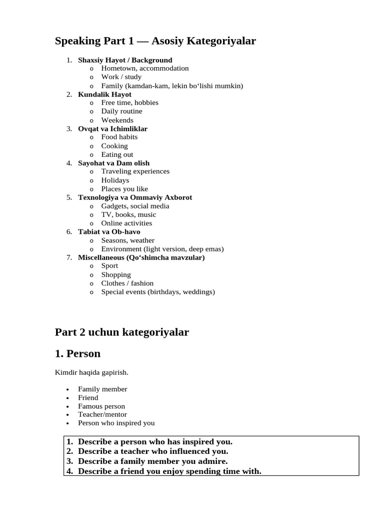 Speaking Part 1: Key Topics Overview | PDF