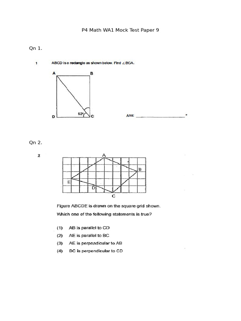 P4 Math WA1 Mock Test Paper 9 | PDF