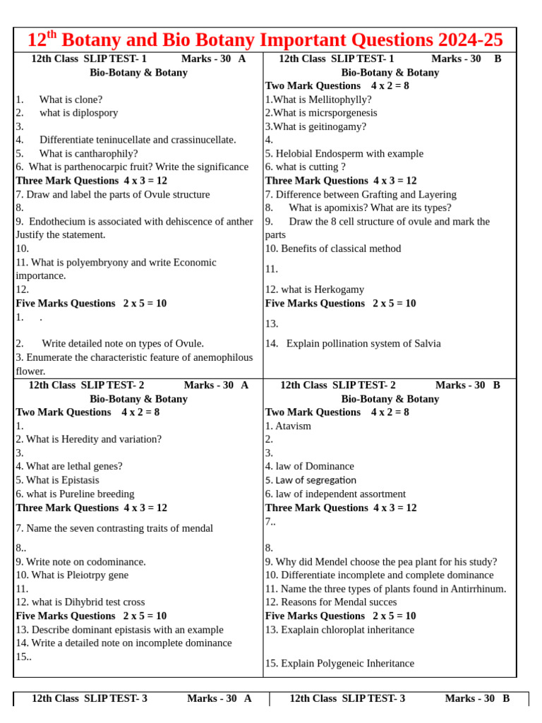 12th Class Botany & Bio-Botany Questions | PDF | Genetic Linkage ...