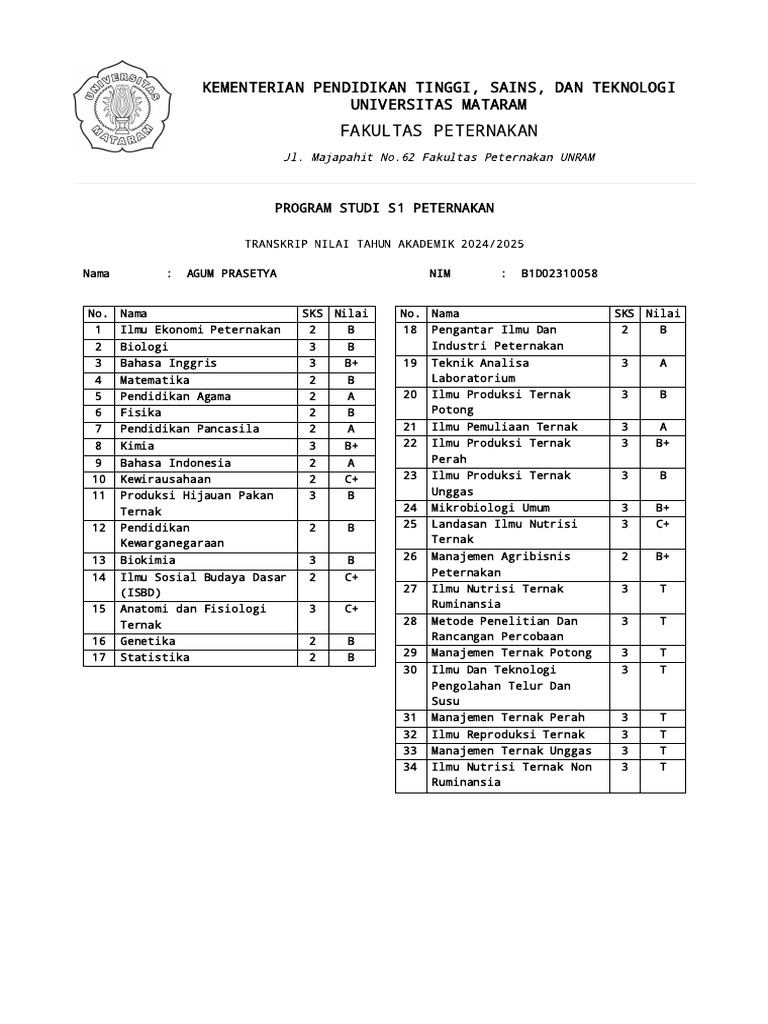 Cetak Transkrip Nilai Mahasiswa Sistem Informasi Akademik Pdf