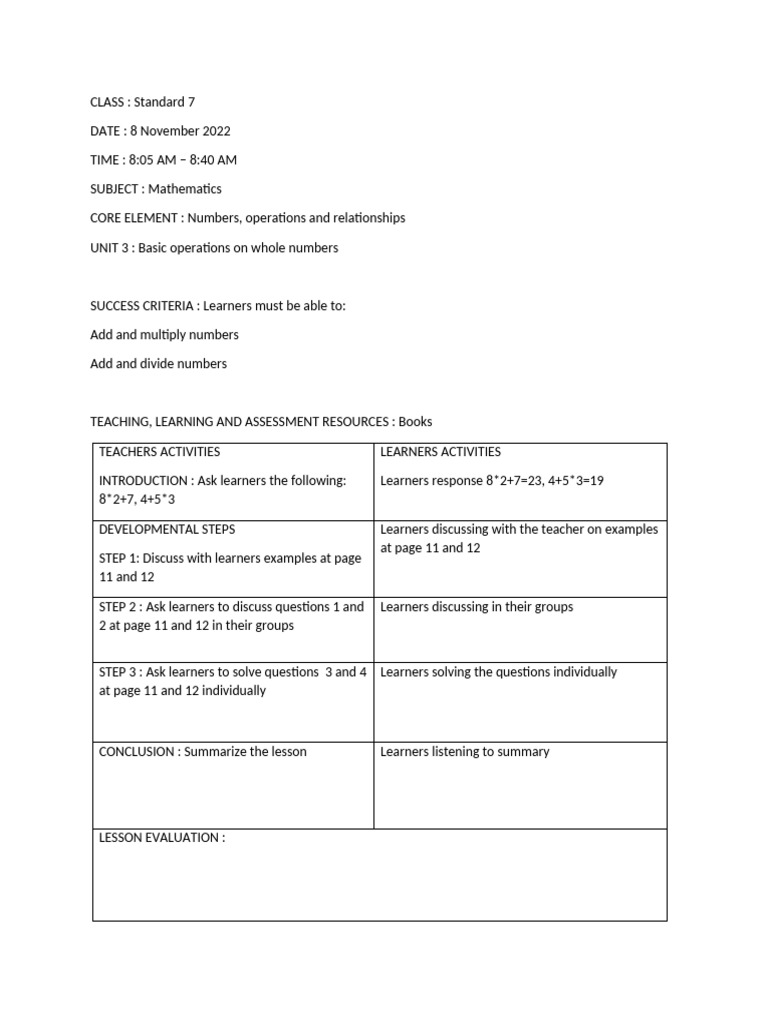 Standard 7 Math Lesson Plan: Operations | PDF
