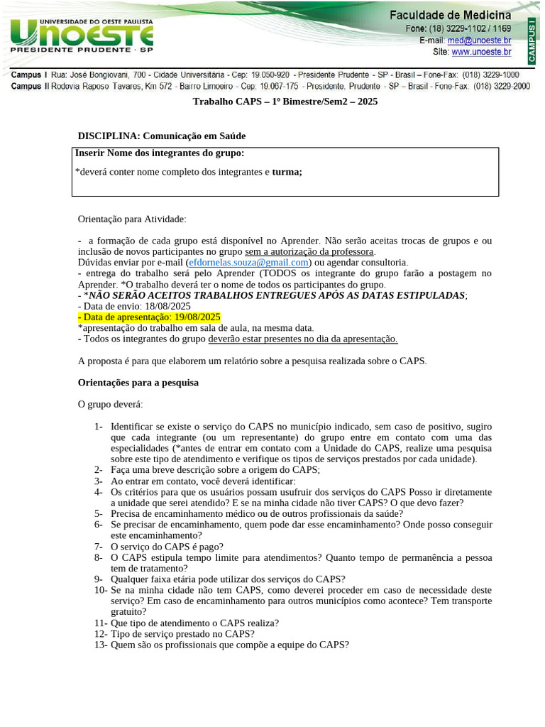 Trabalho sobre CAPS - 1º Bimestre 2025 | PDF