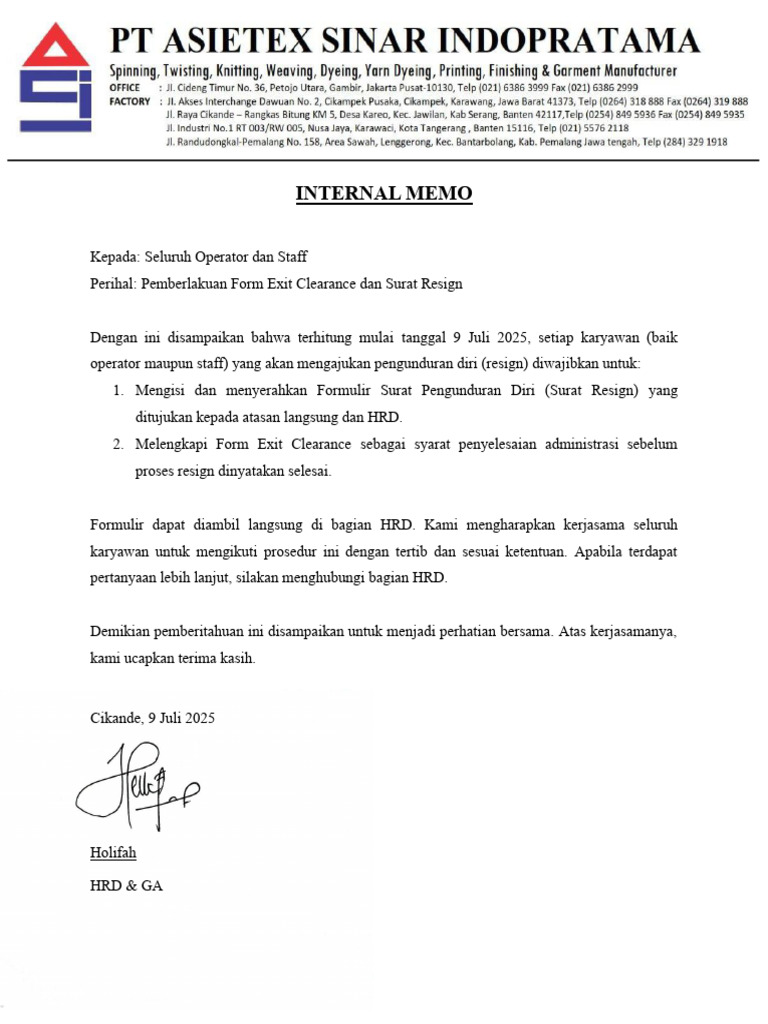 Memo Internal Pemberlakuan Exit Karyawan Dan Surat Resign | PDF
