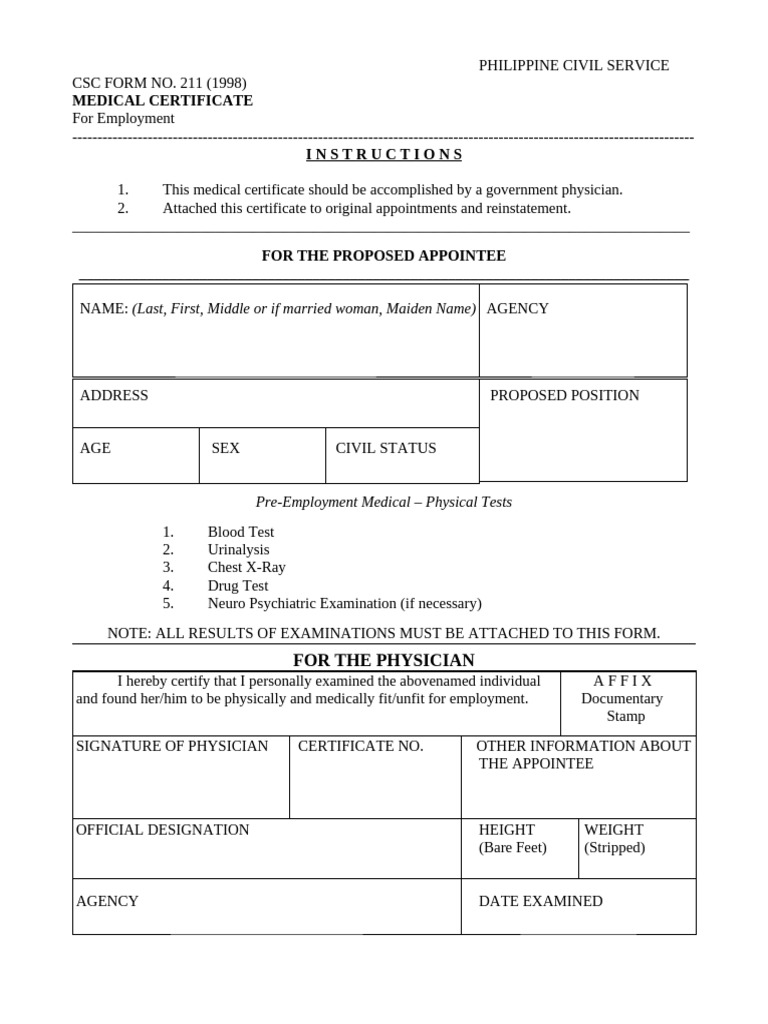 Philippine Civil Service Medical Certificate | PDF