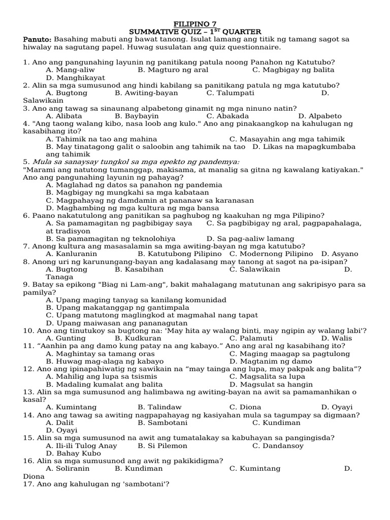 Summative Quiz Filipino 1stq | PDF