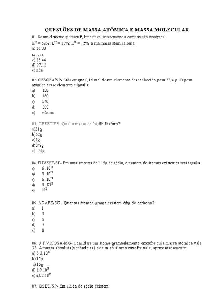 Exercícios de Massa Atômica e Molecular | PDF | Mol (unidade) | Carbono
