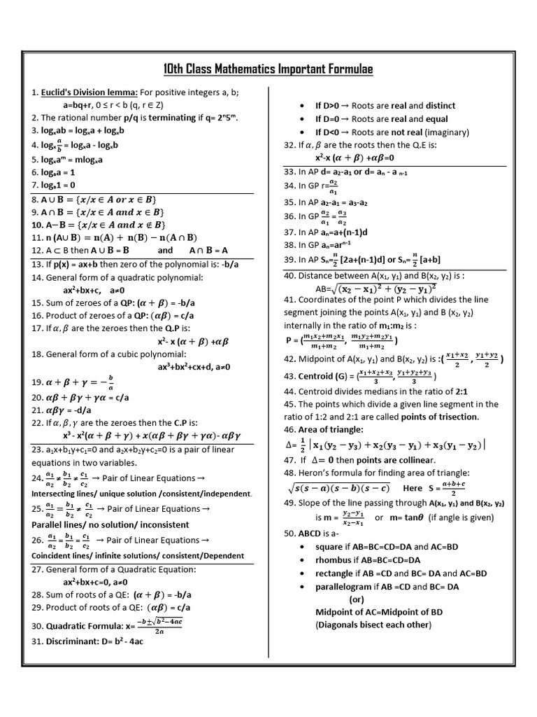10th Class Math Essential Formulae | PDF | Quadratic Equation | Area